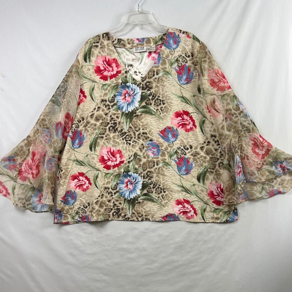 Selene Sport Blouse Women 3X Tan Floral Leopard V-Neck Sheer Bell Sleeve Top